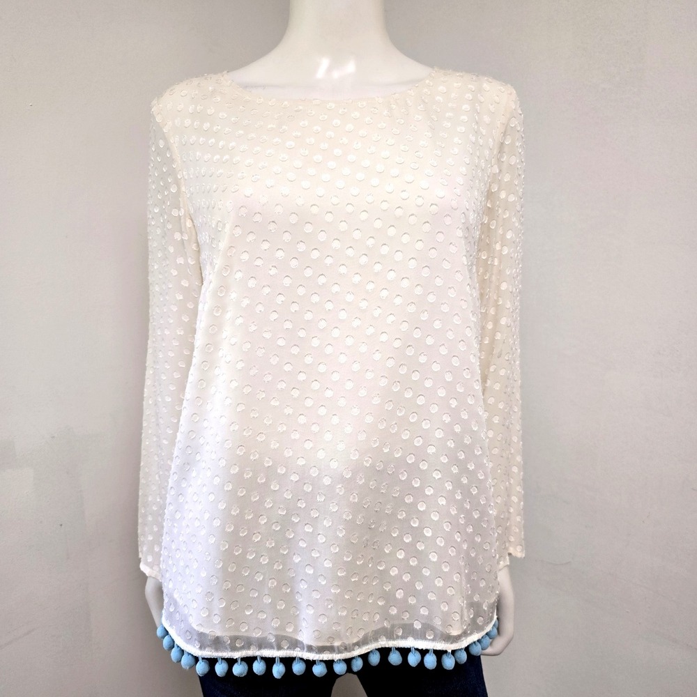 Sail To Sable STS Blouse Top Polka Dot PomPom Trim Long Sleeve Lined Size L